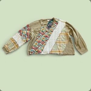 POL Oversized Thermal Waffle Knit Top - Floral/Lace/Plaid Print- Large- NWOT